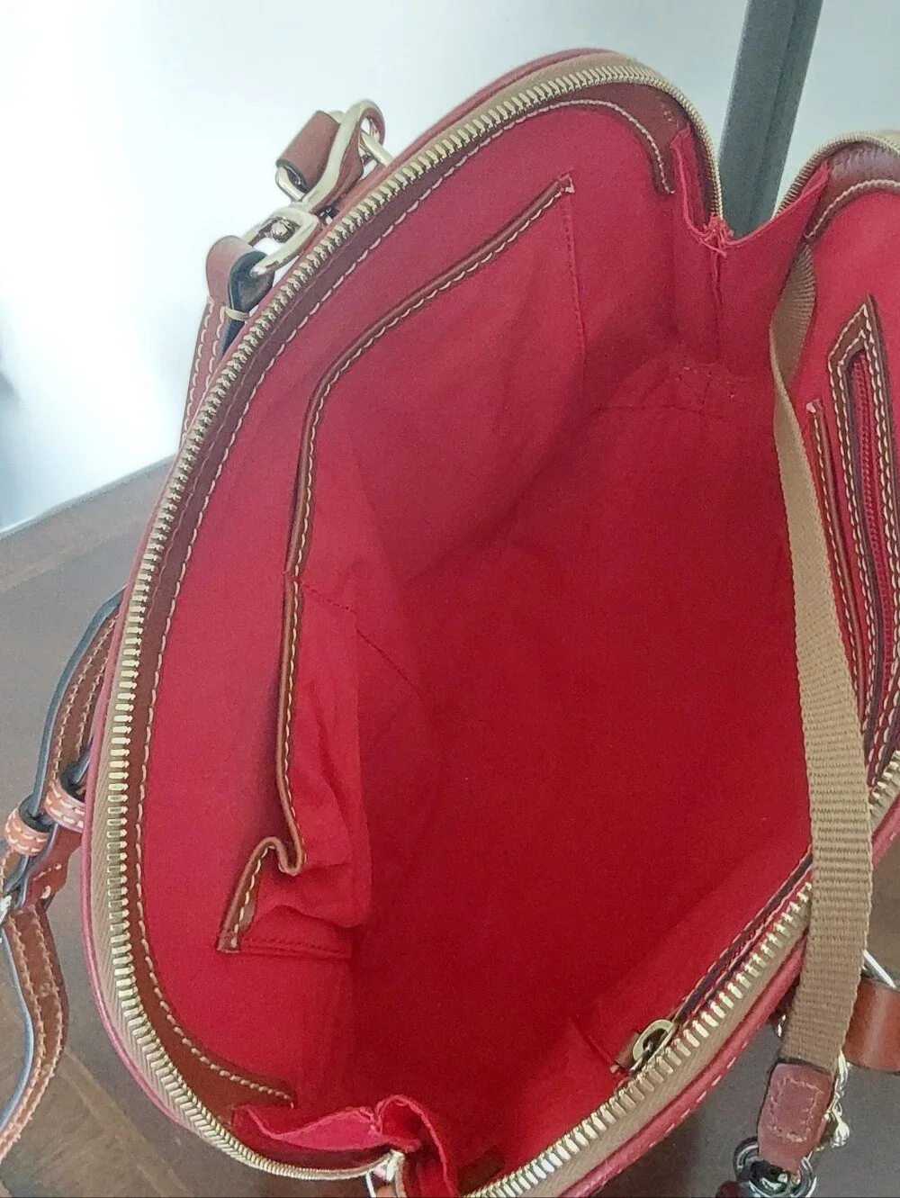 Dooney & Bourke Red Leather Satchel‎ with Tan Trim and Gold Hardware
